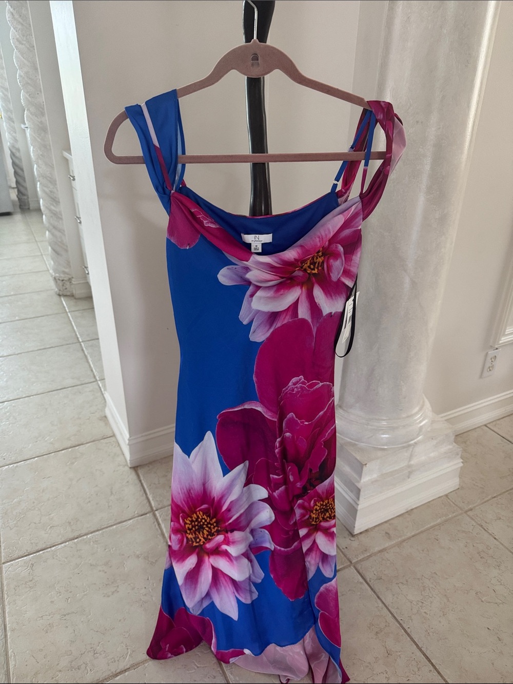I.N. San Francisco Blue Maxi Dress with Pink Floral Print